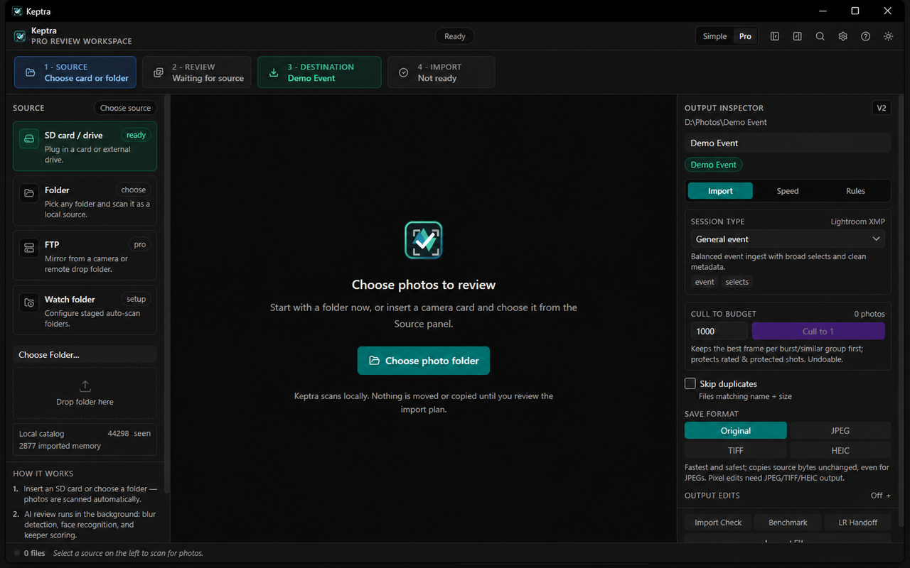 Current Keptra desktop workspace showing Source, Review, Destination, and Import steps